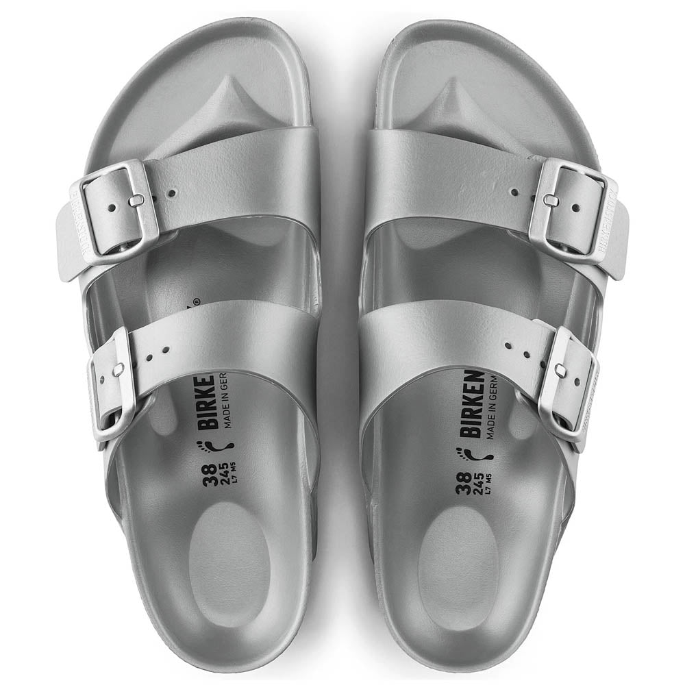 Birkenstock Unisex Arizona EVA Sandals Narrow Fit Metallic Silver | Comfortable Lightweight Slides for Beach, Pool & Casual Wear