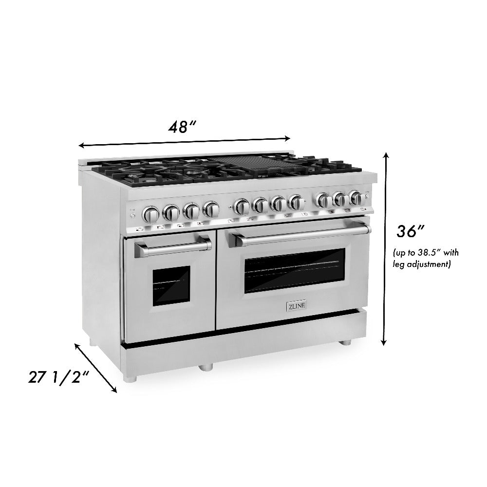 ZLINE 48-inch Stainless Steel Dual Fuel Range Kitchen Package with Convertible Range Hood & Dishwasher (3KP RARH48 DW) - Perfect for Modern Home Chefs & Open Concept Kitchens