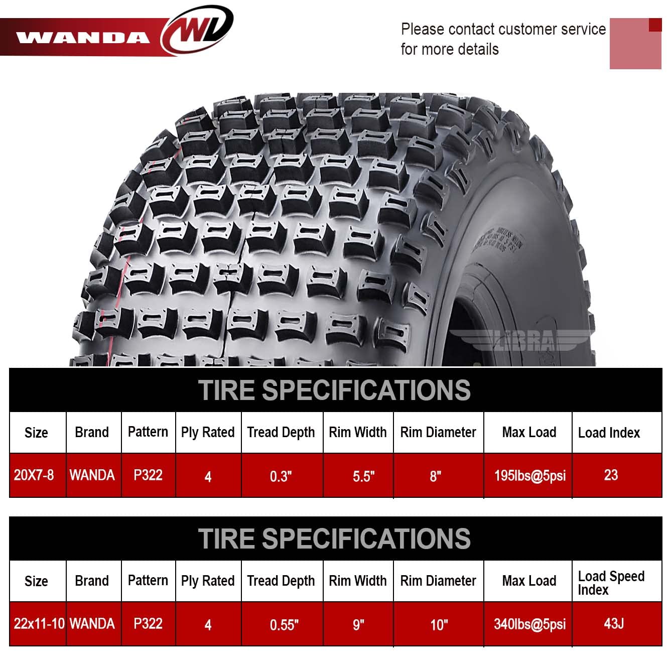 WANDA Set of 4 ATV Tires - 20x7-8 Front & 22x11-10 Rear 4PR All-Terrain Tires for Off-Road Vehicles - Perfect for Trail Riding, Hunting, and Farm Work