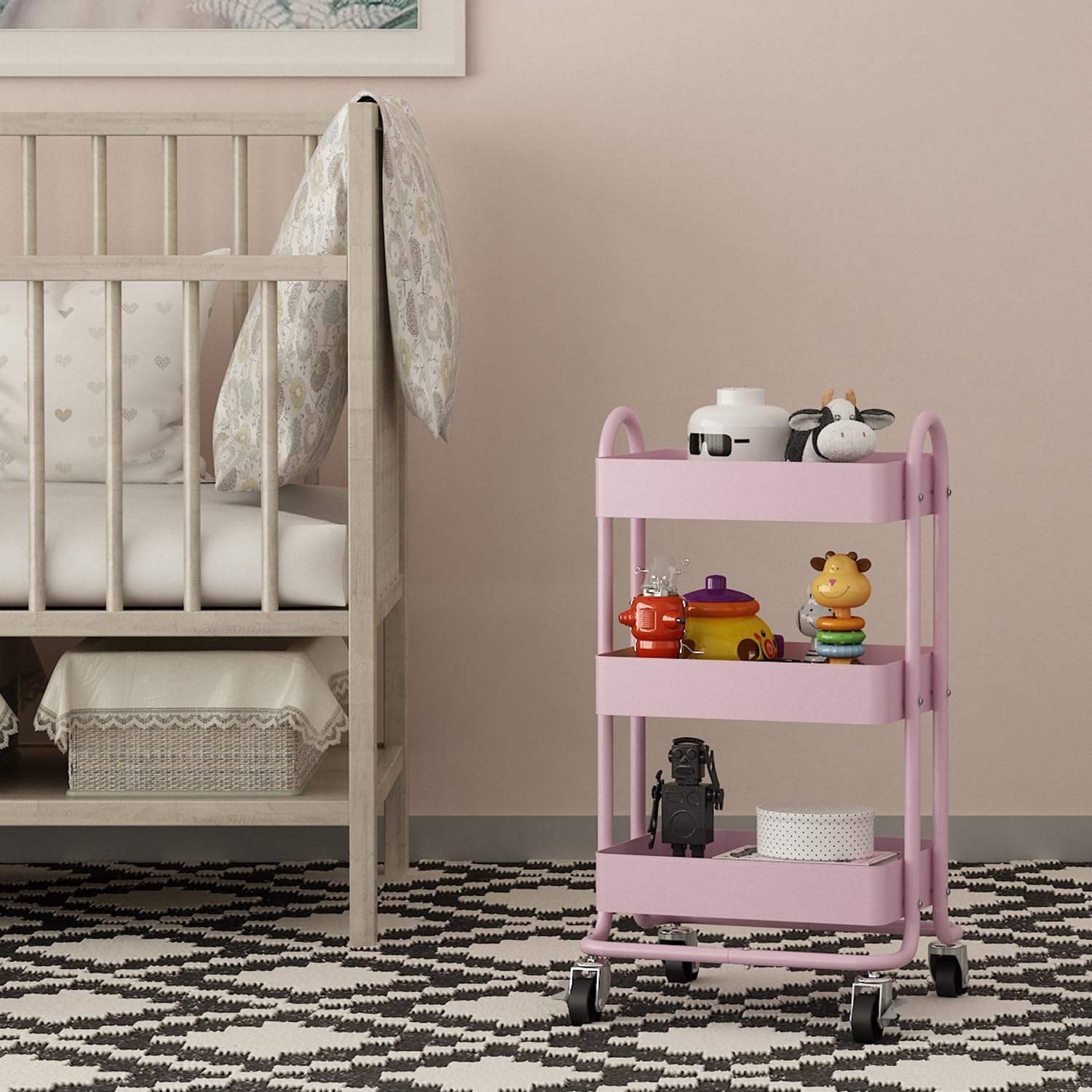 3-Tier Pink Rolling Utility Cart with Wheels - Metal Kitchen Storage Organizer for Office, Home, Garden - Compact Size 13.4
