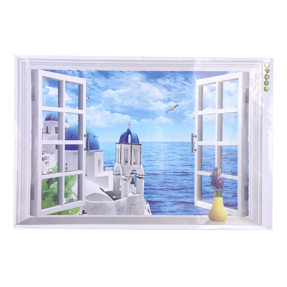 3D Beach Sea Wall Sticker - Ocean View Window Scenery PVC Art Decal for Living Room & Bedroom Decor | Waterproof Seascape Mural Poster (Aegean Sea Theme) | Perfect for Coastal Home Decor, Beach House Styling and Vacation Vibes