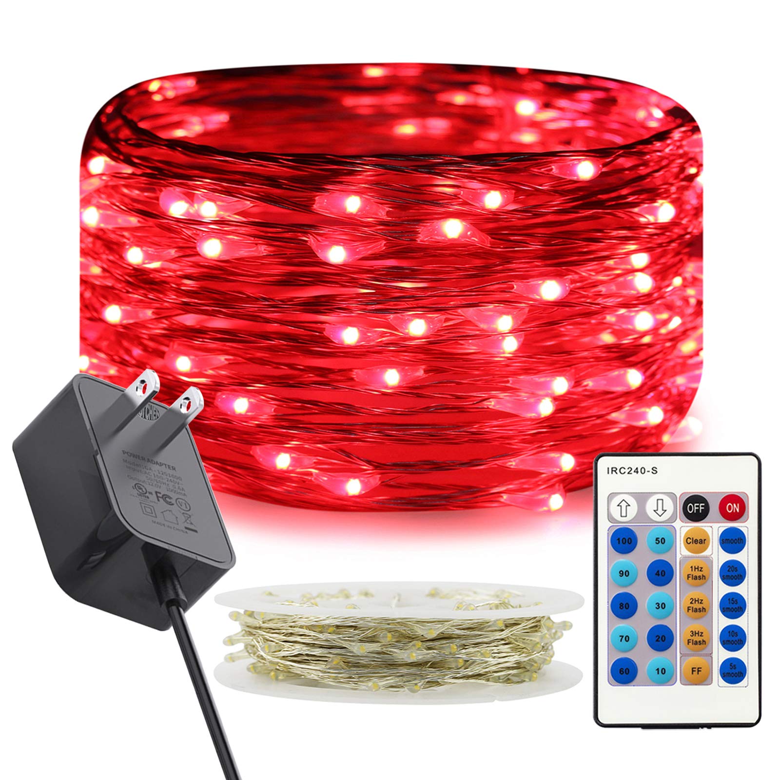 RUICHEN 33Ft 100 LED Dimmable Fairy String Lights with Remote - Waterproof Silver Wire Twinkle Lights for Christmas Decorations, Wedding Party, Bedroom, Patio & Outdoor (Red) - Perfect for Holiday Lighting, Home Decoration and Special Events