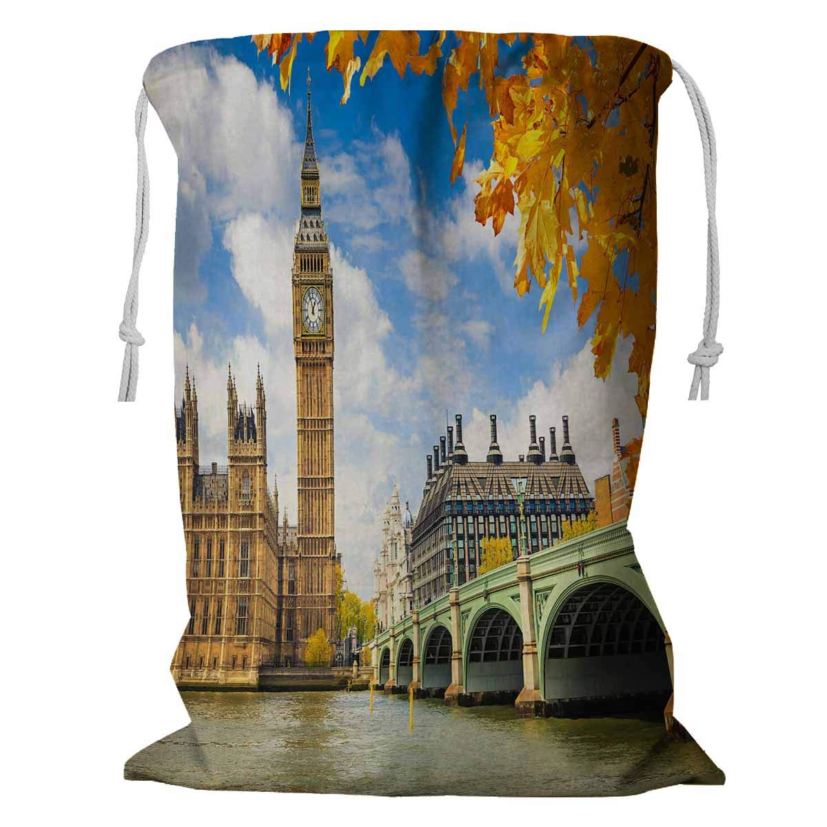ABPHQTO Large 24x32 Inch Drawstring Laundry Bag - Big Ben & Autumn Leaves London Themed Storage Basket | Perfect for Clothes, Toys, and Home Organization