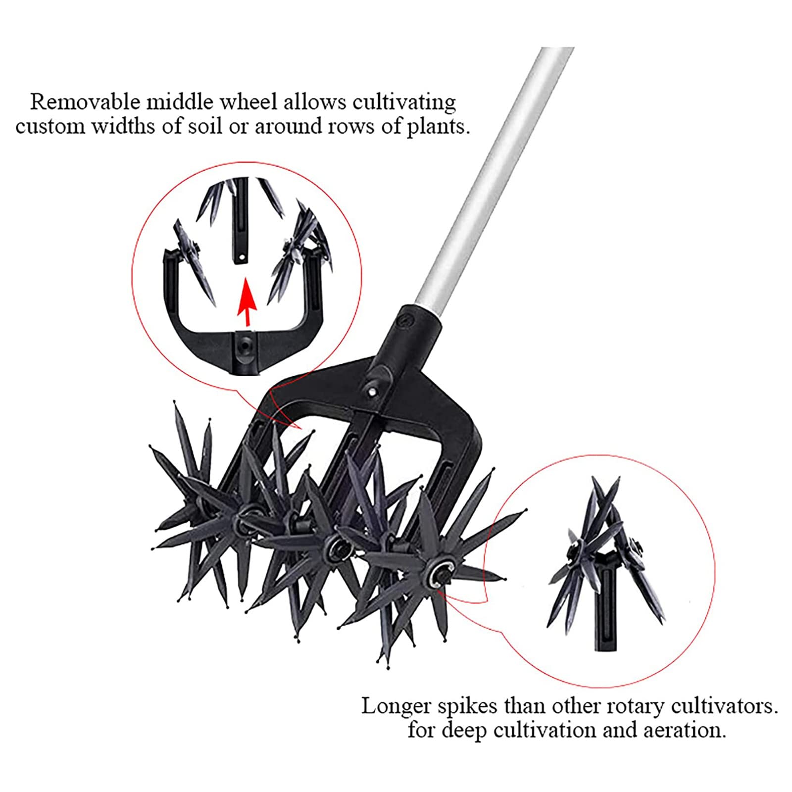 Heavy Duty 3-Tine Rotary Cultivator Tool - Detachable Handle Garden Soil Tiller for Weeding, Aeration & Soil Turning - Perfect for Garden, Balcony, Orchard, Patio & Lawn Care (Ideal for Vegetable Beds, Flower Gardens & Landscaping Projects)
