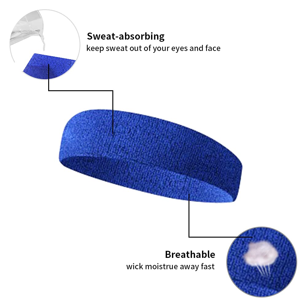 TopTie 12 Pack Sweat Headbands for Women & Men - Moisture Wicking Sports Headbands, Soft Cotton Terry Workout Headbands for Running, Yoga, Tennis & Gym - Non Slip Athletic Hair Bands for Active Lifestyle