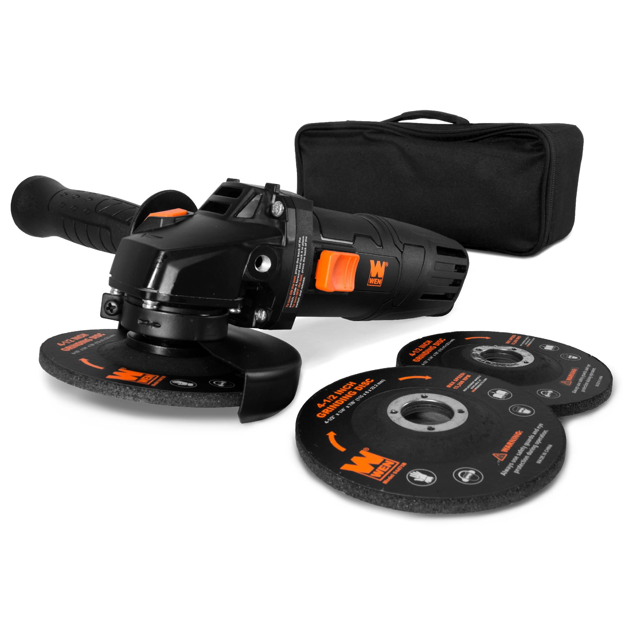 WEN 94475 7.5 Amp 4-1/2 Inch Angle Grinder with Reversible Handle | Includes 3 Grinding Discs & Carrying Case | Perfect for Metal Cutting, Grinding & Polishing in Construction & DIY Projects