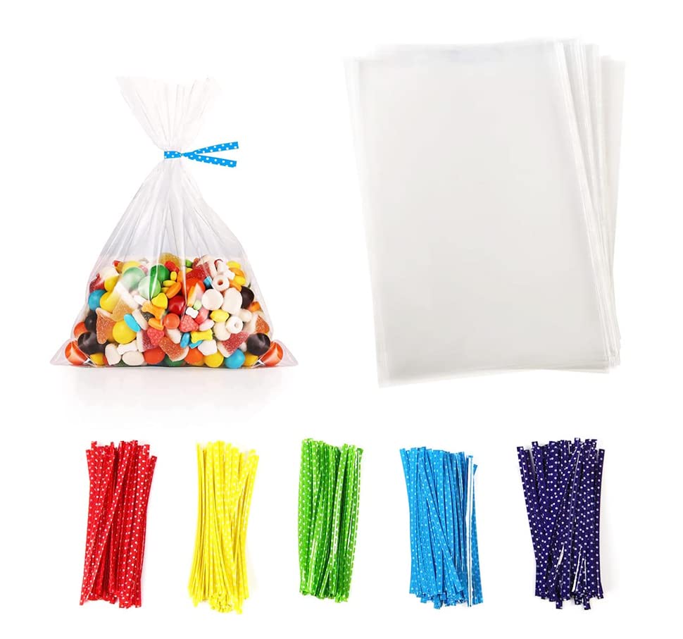 100PCS 5x7 Inch Clear Cellophane Bags with 4'' Ties - Small Gift Bags for Candy, Rice Crispy Treats, Cake Pops & Party Favors - Perfect for Christmas, Thanksgiving, Halloween & Birthday Celebrations