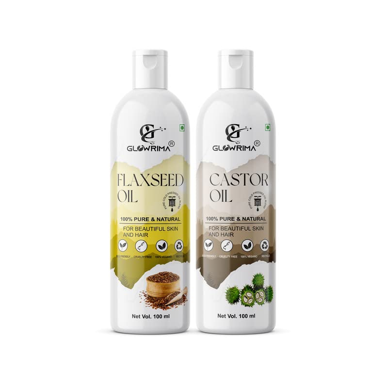 Glowrima 100% Pure Flaxseed Oil & Castor Oil Combo (100ML Each) for Fast Hair Growth, Anti Hair Loss, Split Ends Repair – Promotes Soft & Shiny Hair – Pack of 2 – Perfect for Daily Hair Care & Scalp Massage at Home