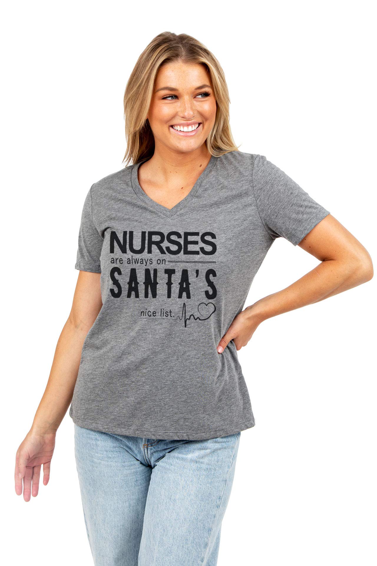 Nurses Are Always On Santa's Nice List Women's Casual V-Neck T-Shirt - Comfortable & Stylish Tee for Nursing Professionals, Christmas Gifts & Everyday Wear
