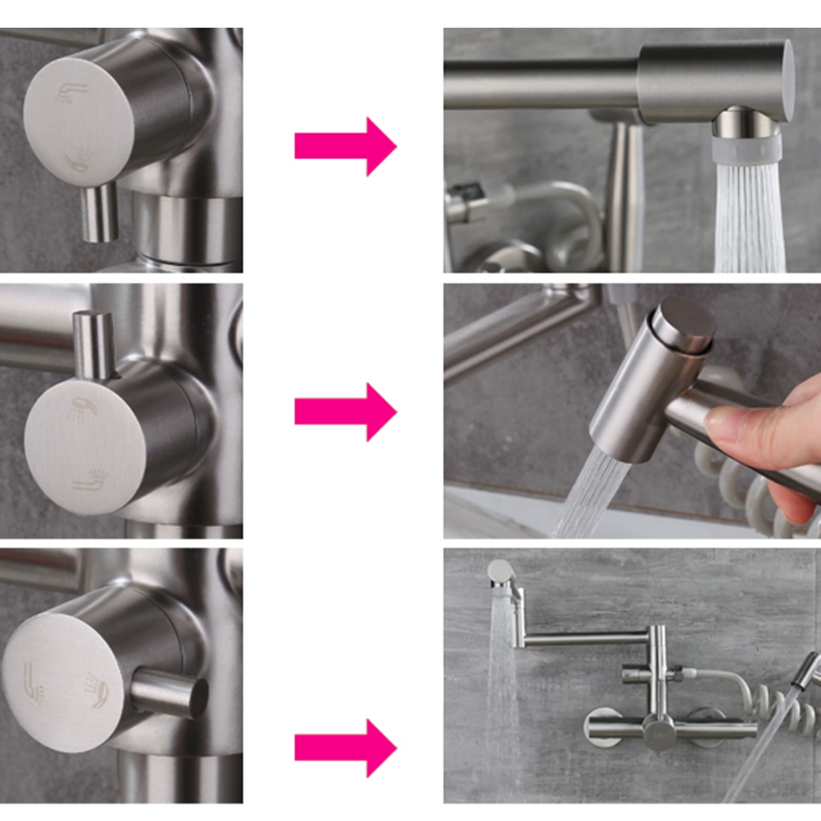 Stainless Steel Wall Mounted Kitchen Faucet with Folding Swivel - Brushed Nickel Multifunction Mixer Tap for RV, Tiny House & Outdoor Kitchen Use