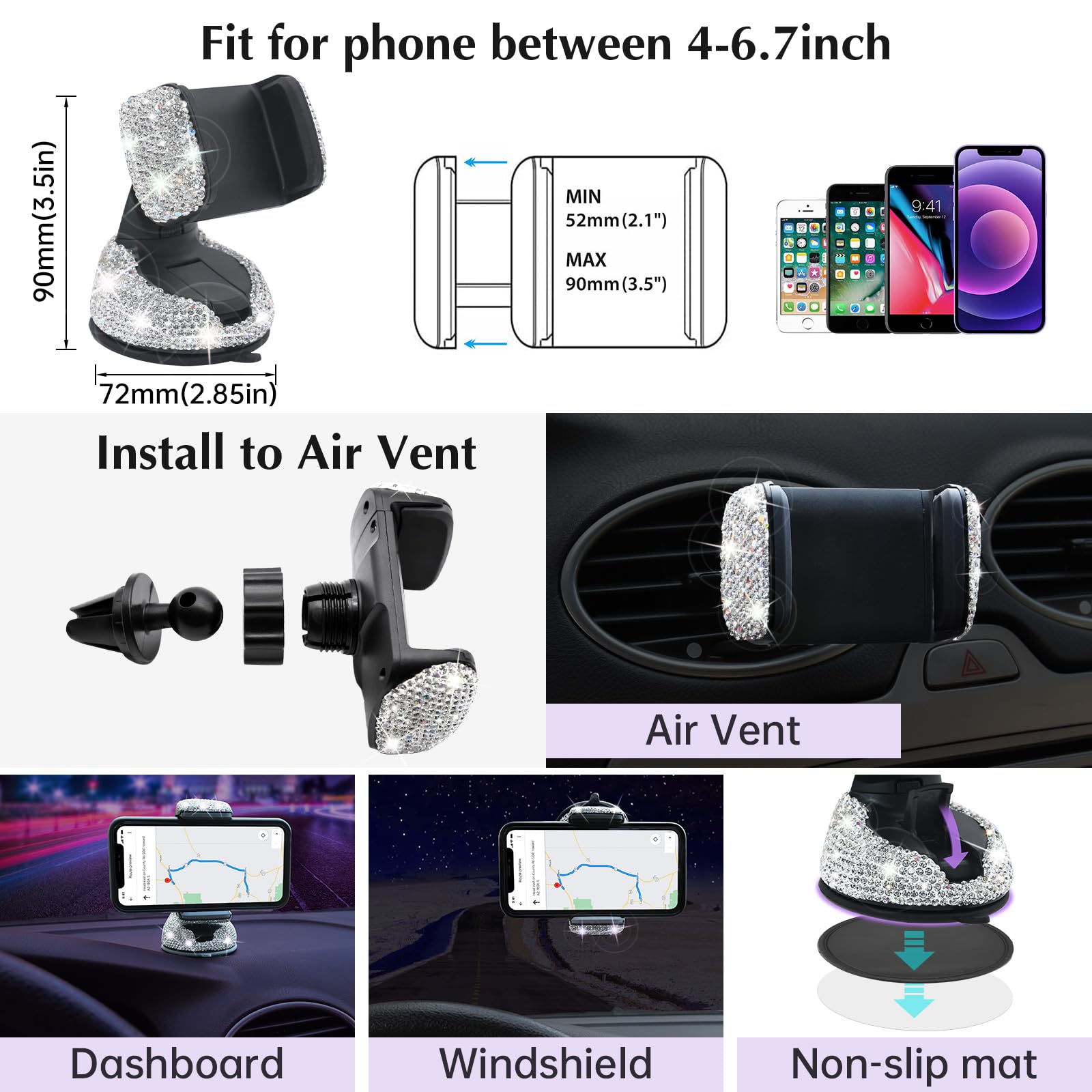 ARTILAURA 19-Piece Bling Car Accessories Kit for Women - Rhinestone Steering Wheel Cover, Seat Belt Pads, Gear Shift Cover, Phone Holder & Cup Coasters - Glamorous Auto Interior Decor (White) | Perfect for Daily Commute, Road Trips & Gift Giving