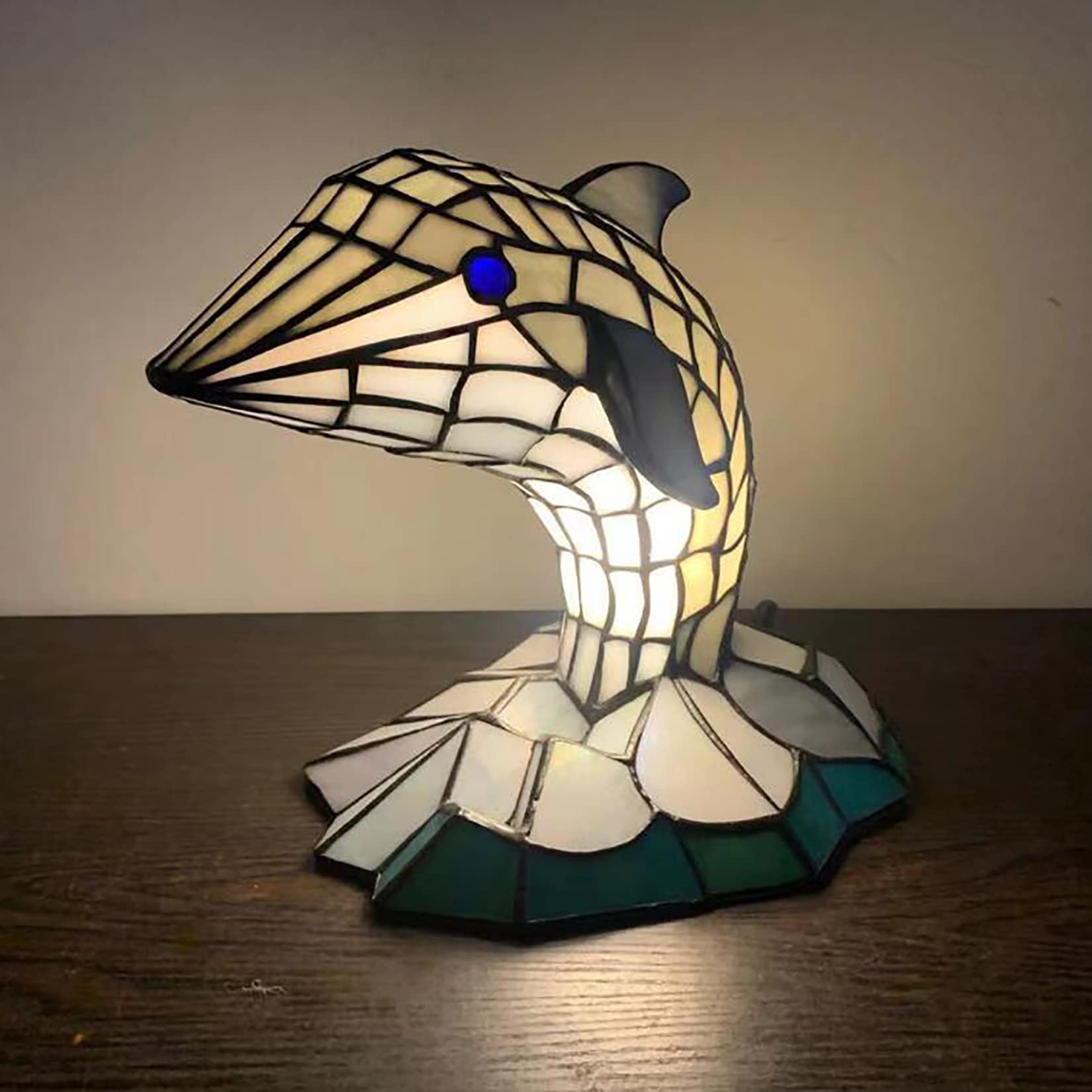 Tiffany Style Stained Glass Dolphin Table Lamp - 10 Inch Bedside Night Light for Bedroom, Living Room, Study & Kids Room | Perfect for Home Decor, Reading Nook & Gift Giving