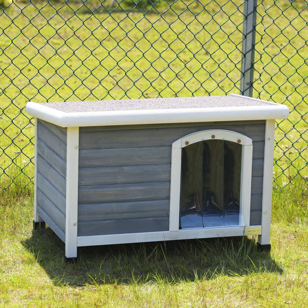 Petsfit Weatherproof Outdoor Dog House for Small Dogs - Adjustable Foot Mat & Door Flap, Light Grey (33.7