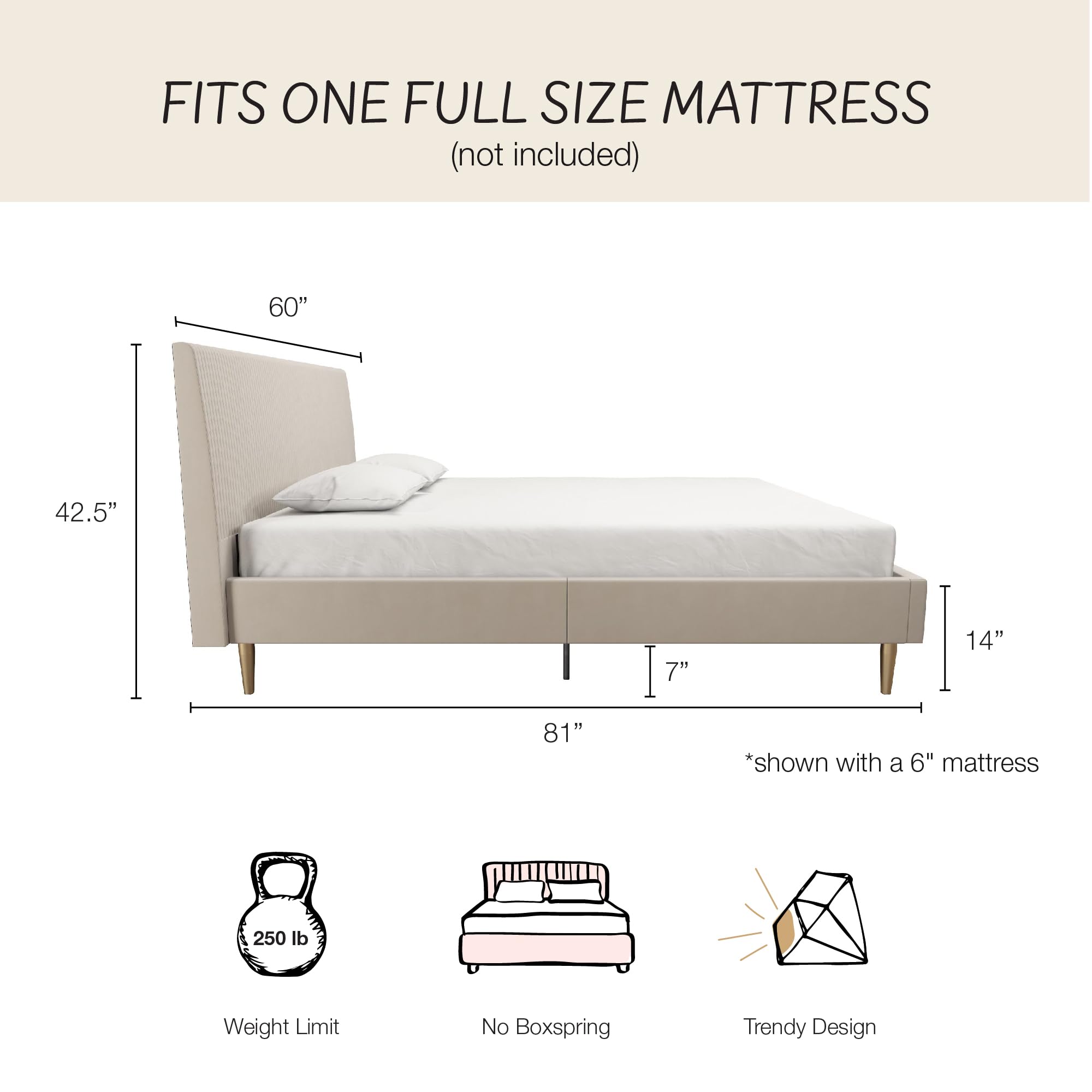 Mr. Kate Daphne Upholstered Bed with Headboard & Modern Platform Frame - Full Size Ivory Velvet Bedroom Furniture for Master & Guest Rooms