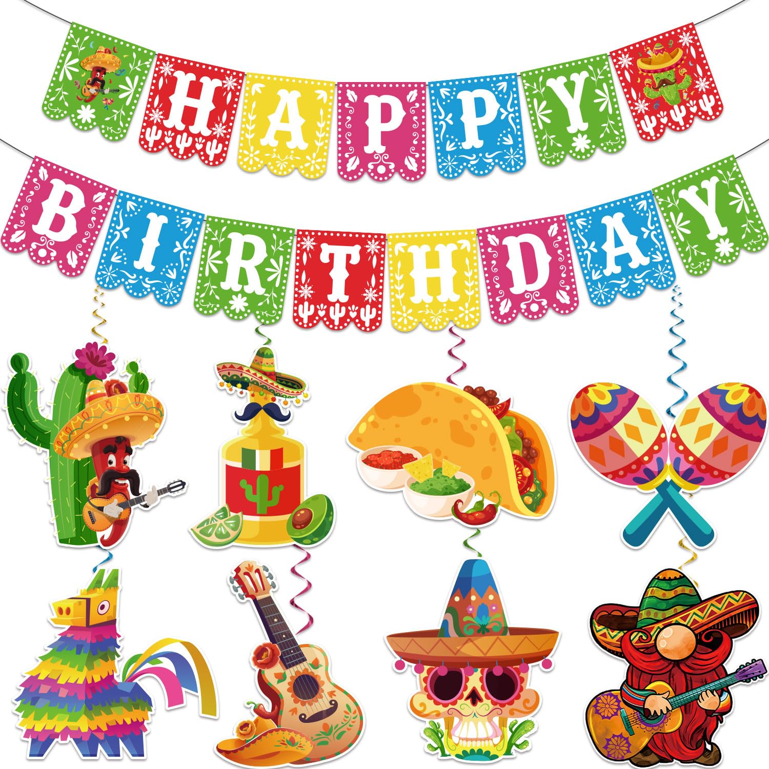 Pre-Strung Taco Birthday Party Decorations Kit - Includes 1 Fiesta Happy Birthday Banner & 8 Cinco De Mayo Hanging Swirls - Mexican Themed Party Supplies for Fiesta, Taco Tuesday & Birthday Celebrations