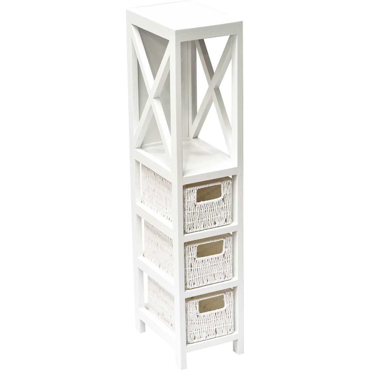 Slim White Furniture with 3 Shelves & Baskets - Modern Space-Saving Storage Solution for Small Apartments, Dorm Rooms & Home Offices