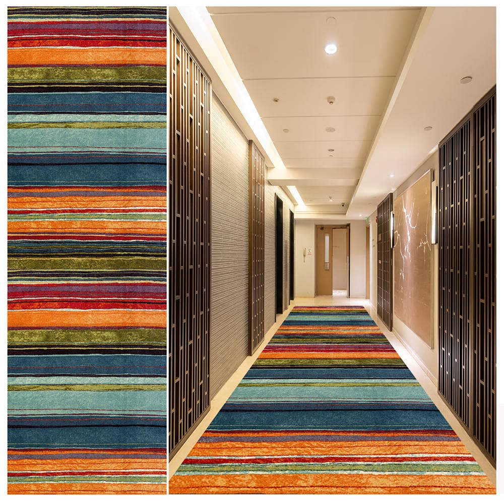 Non-Slip Abstract Runner Rug 3.3' x 10' - Washable Rubber Backing Indoor Carpet for Hallway, Living Room, Kitchen - Orange Blue Modern Design - Perfect for High Traffic Areas & Home Decor