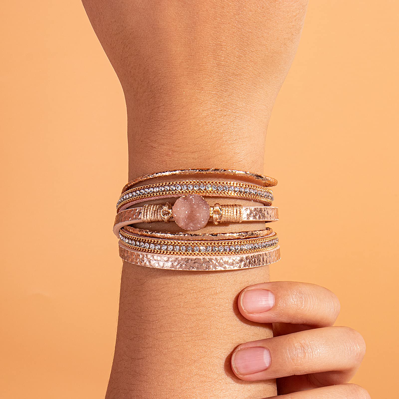 Boho Wrap Bracelet for Women - Handmade Leather Cuff with Shiny Resin Stones & Secure Clasp | Bohemian Jewelry for Everyday Wear & Festival Fashion