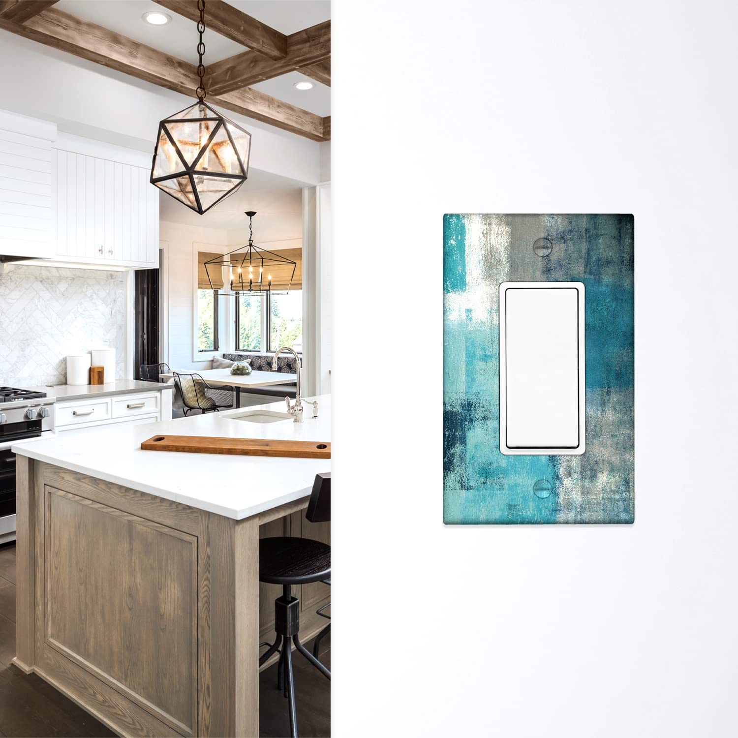 Turquoise and Grey 1-Gang Rocker Wall Plate Cover - Teal Abstract Art Decorative Light Switch Cover - Modern Electrical Outlet Covers for Kitchen, Bedroom & Living Room - Home Decor Accessories