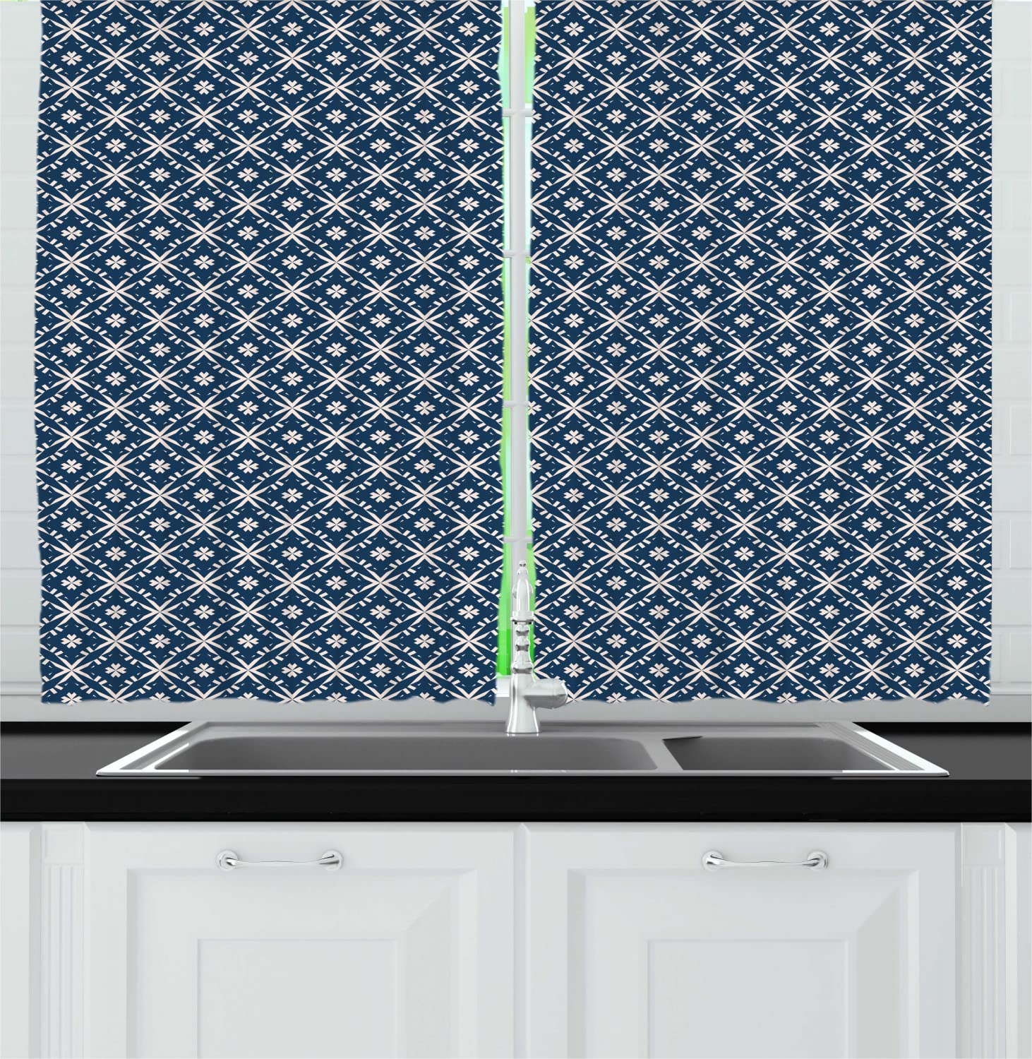 Ambesonne Navy Blue Long Kitchen Curtains - Modern Geometric Floral Star Design, Surreal Pattern Blackout Drapes with Rod Pocket, 55