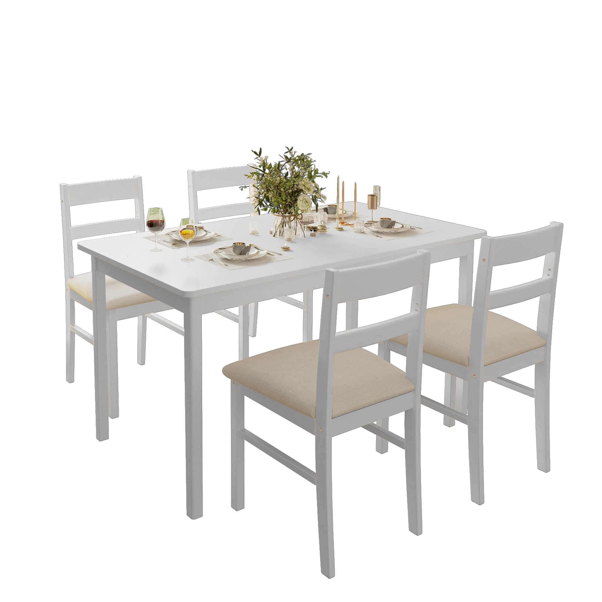5-Piece Solid Wood Modern Rectangular Dining Table Set for 4 - White Kitchen Table & Chairs with Soft Cushions - Perfect for Dining Room, Breakfast Nook, Small Apartment & Entertaining Guests