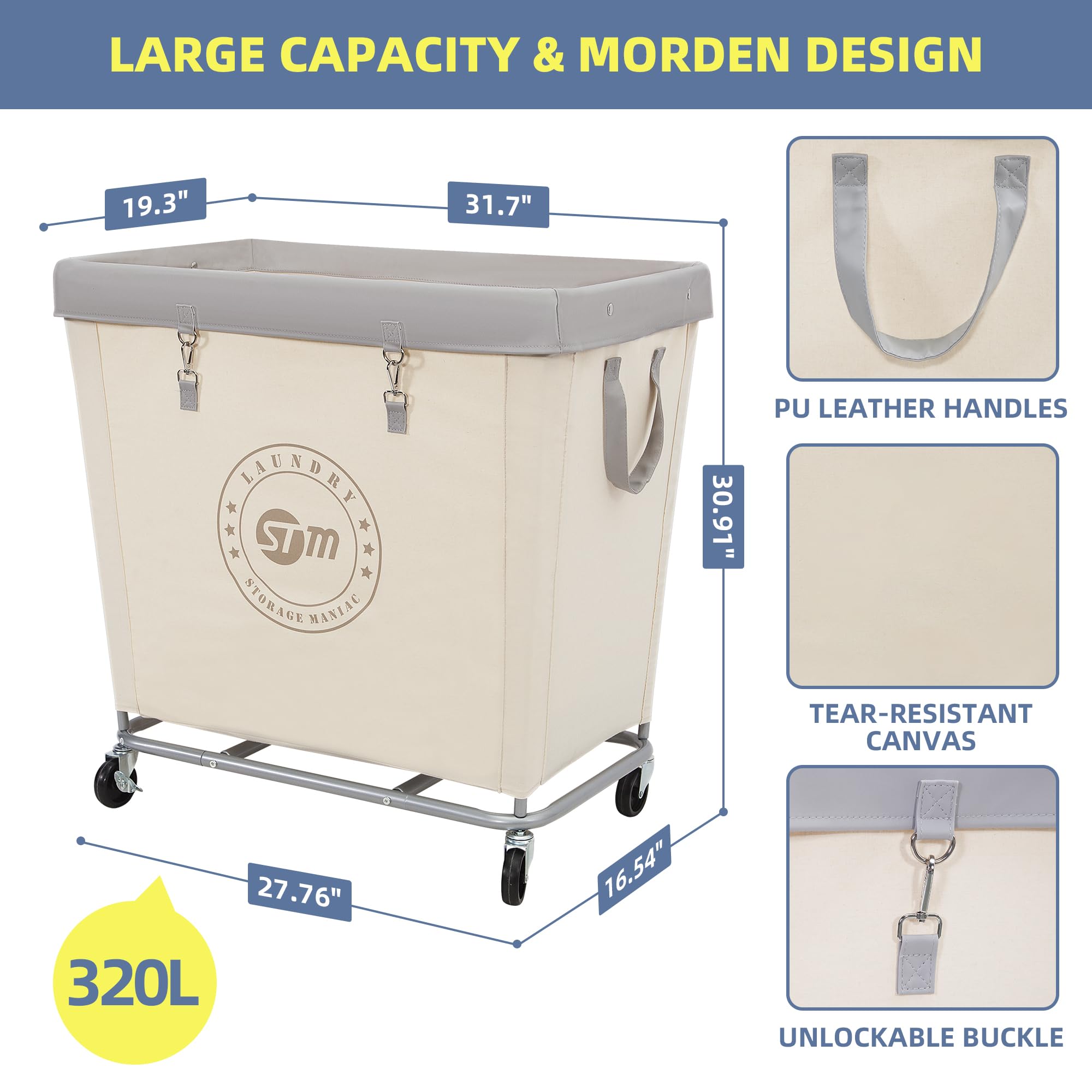 Heavy Duty Commercial Laundry Hamper Cart with Wheels - 320L Industrial Laundry Basket with Steel Frame for Hotel, Home & Laundry Room - 31.7