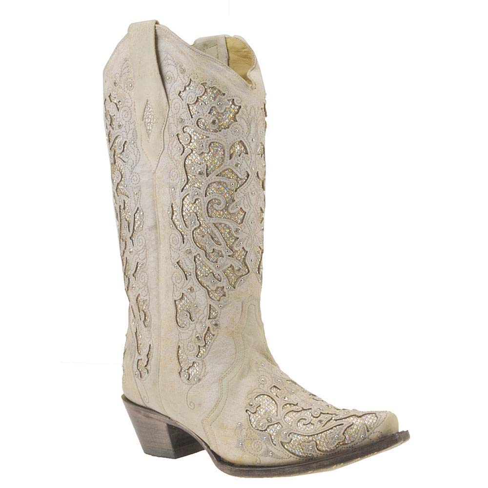 Women's White Glitter Cowgirl Boots with Crystals for Western Rides