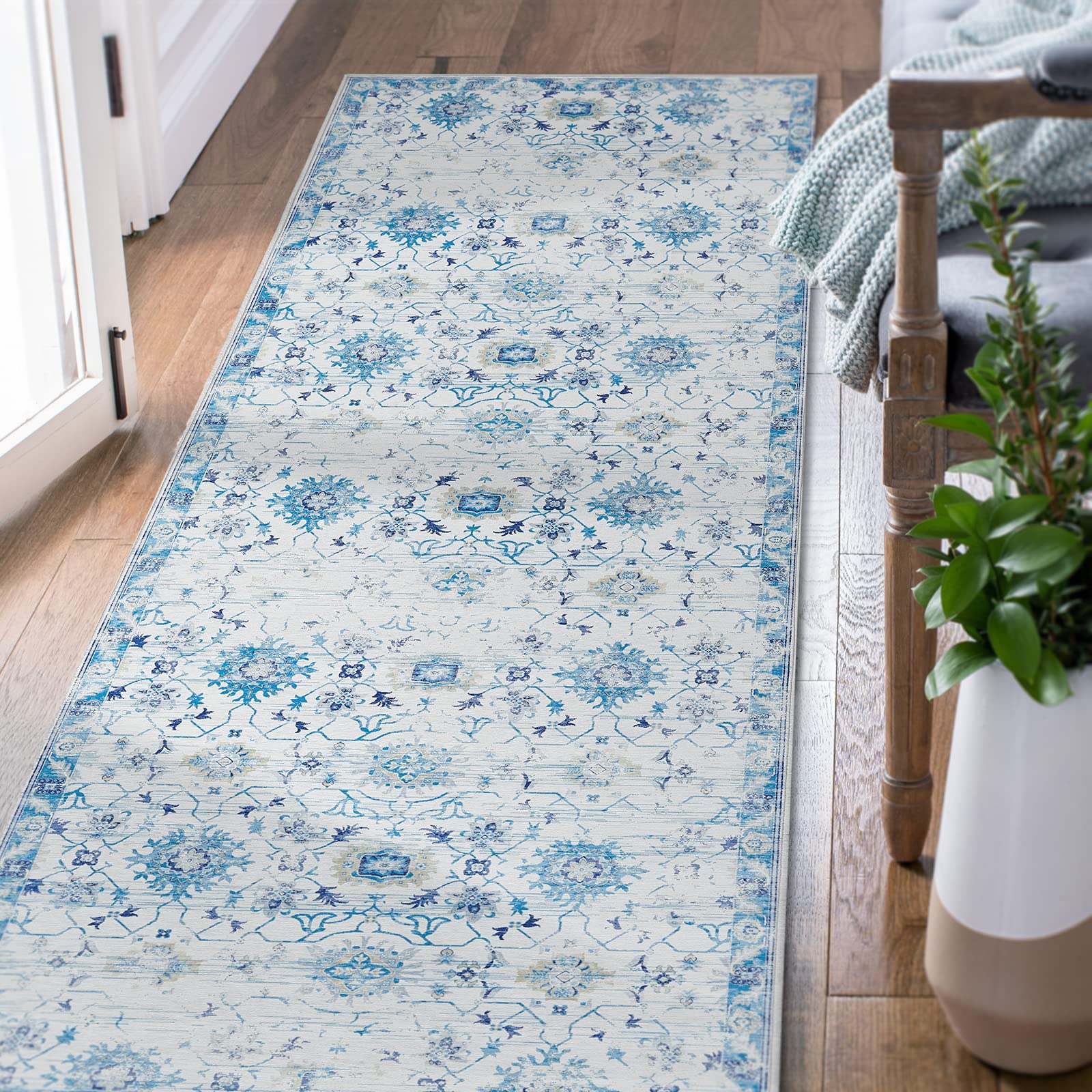Vintage Washable 2x7 Runner Rug - Blue Floral Boho Print Non-Slip Thin Foldable Rug for Kitchen, Bathroom, Laundry & Bedroom - Soft Farmhouse Decor Mat for Home & Office Use