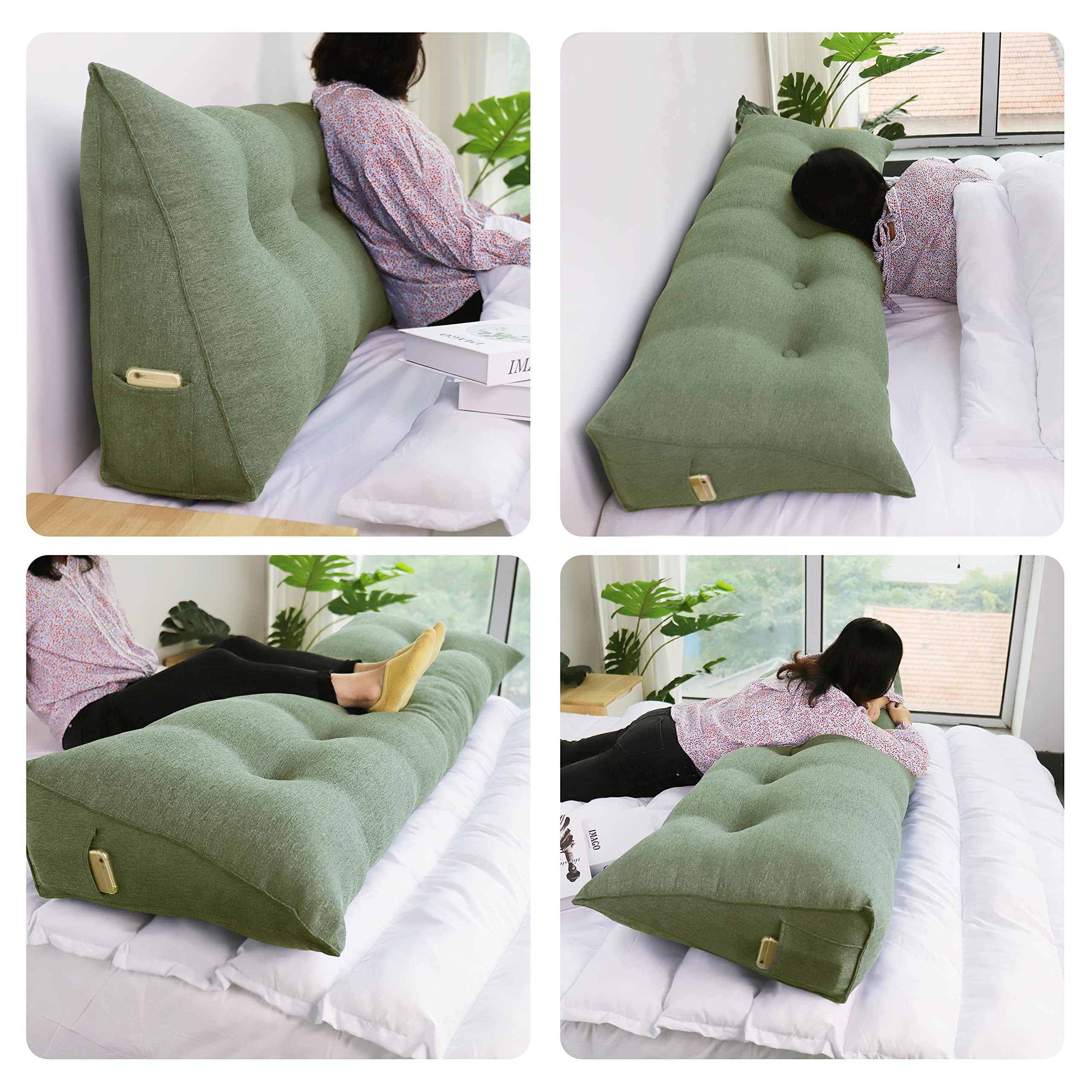 **Triangular Headboard Wedge Pillow - Upholstered Green King Size Bed Rest Pillow for Daybeds, Reading & Lumbar Support - Perfect for Back Pain Relief, Gap Filling & Stylish Home Decor**