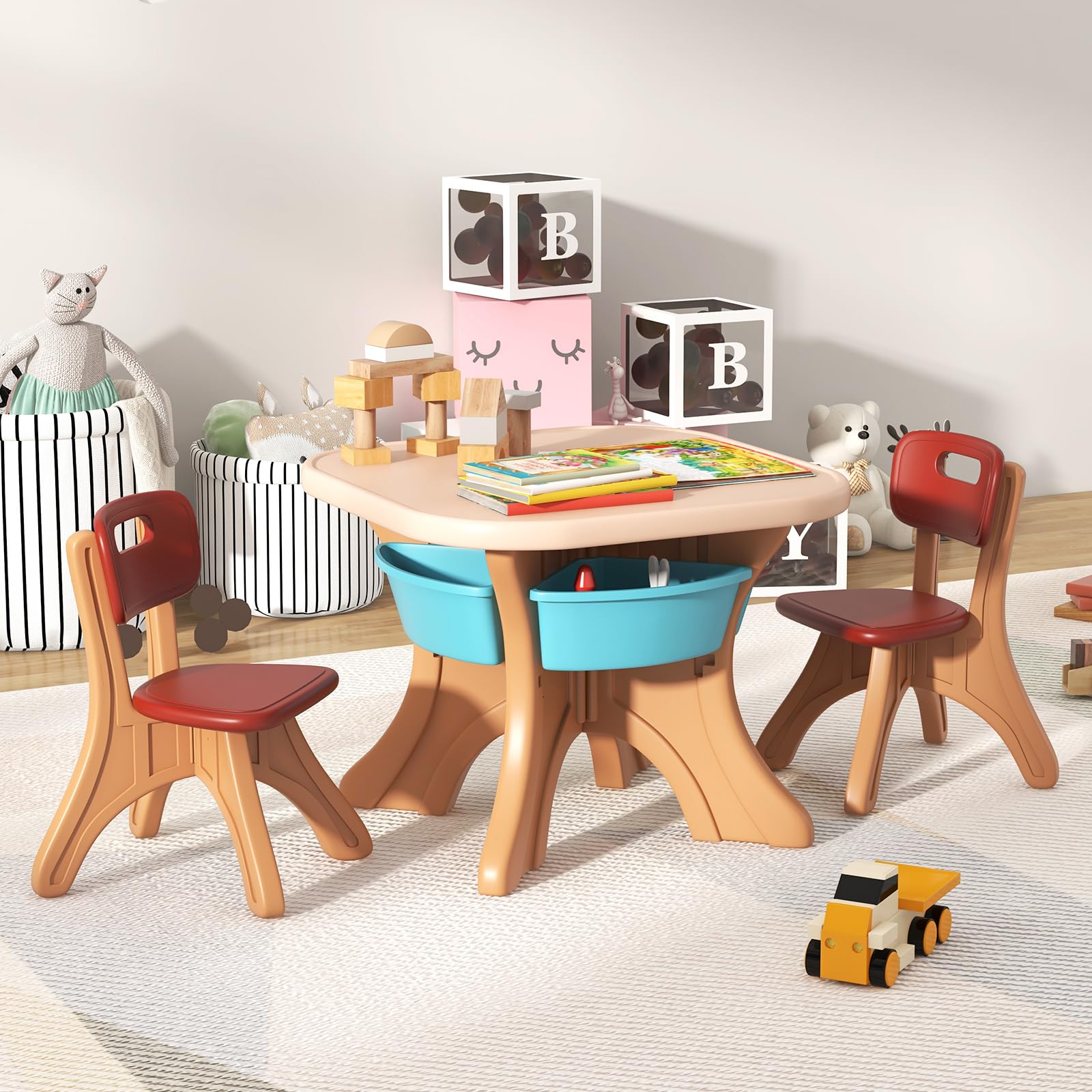DORTALA Kids Table and Chair Set - 3 Piece Plastic Toddler Activity Table with 2 Chairs & Storage Bins for Art, Crafts, Reading & Drawing | Perfect Gift for Boys & Girls | Ideal for Playroom, Classroom & Home Learning (Coffee)