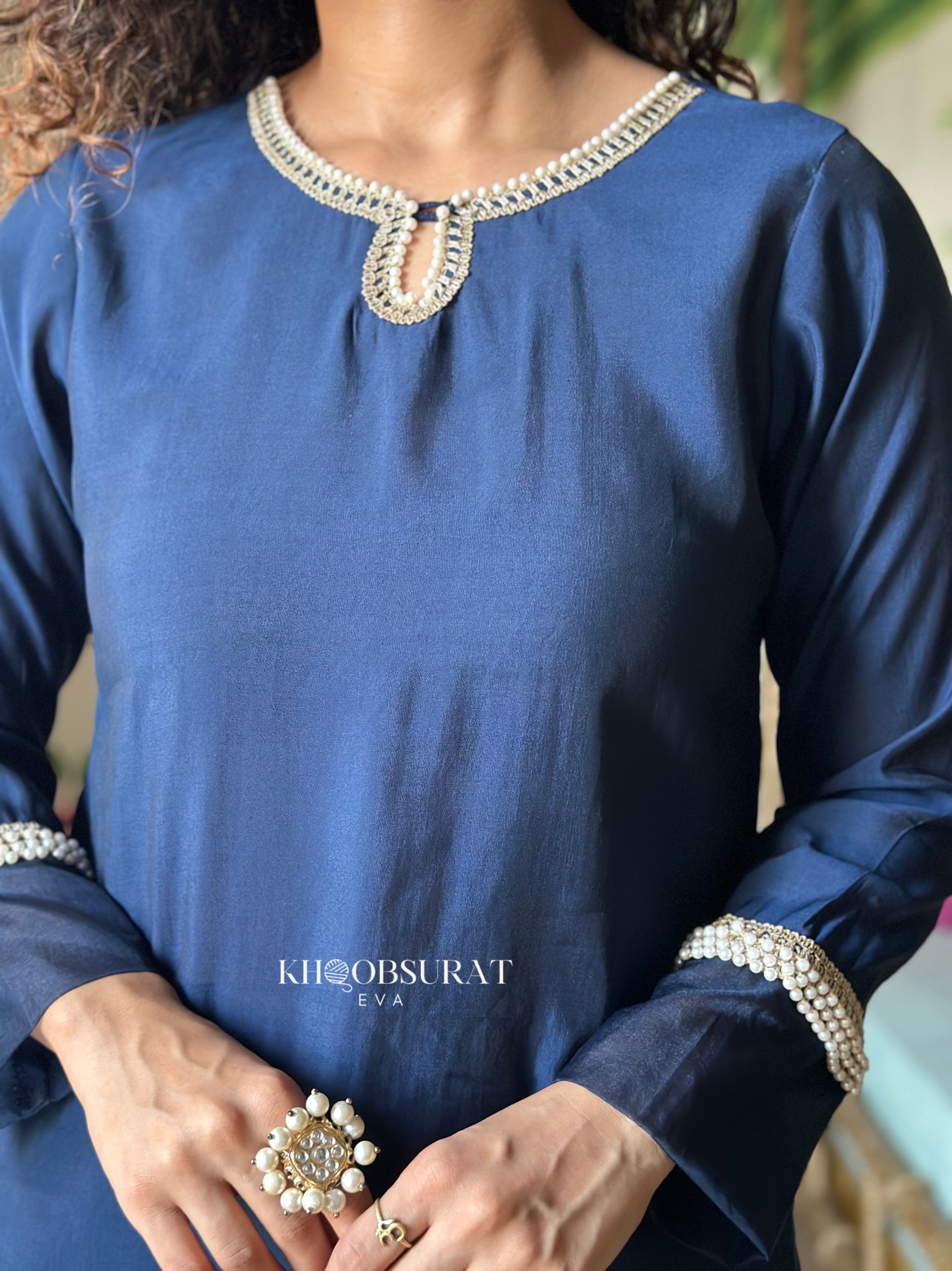 Royal Blue Pearl Embroidered Kurta Set for Women - Elegant Indian Ethnic Wear for Festivals, Weddings & Special Occasions