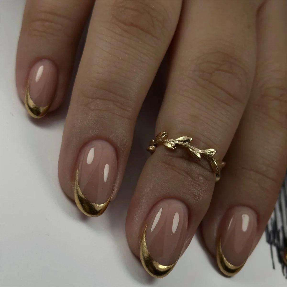 24Pcs Almond Fake Nails with Glue - Nude French Press On Nails with Black Stripes Design, Oval False Nail Tips for Women | Perfect for Parties, Weddings & Daily Wear