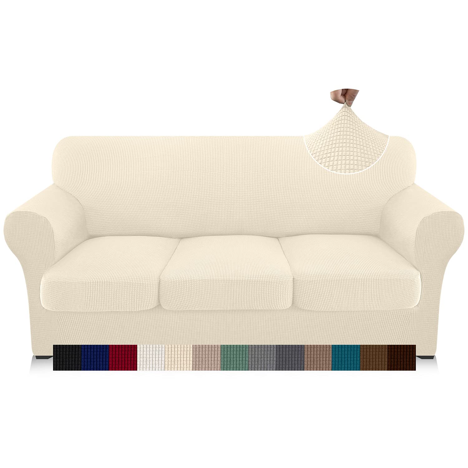 Pepibear 4-Piece Stretch Sofa Slipcover for 3-Cushion Couch - Non-Slip Furniture Protector with Separate Cushion Covers - Pet-Friendly Sofa Cover for Dogs & Cats (Large, Beige) - Perfect for Living Room, Family Room & Pet Owners