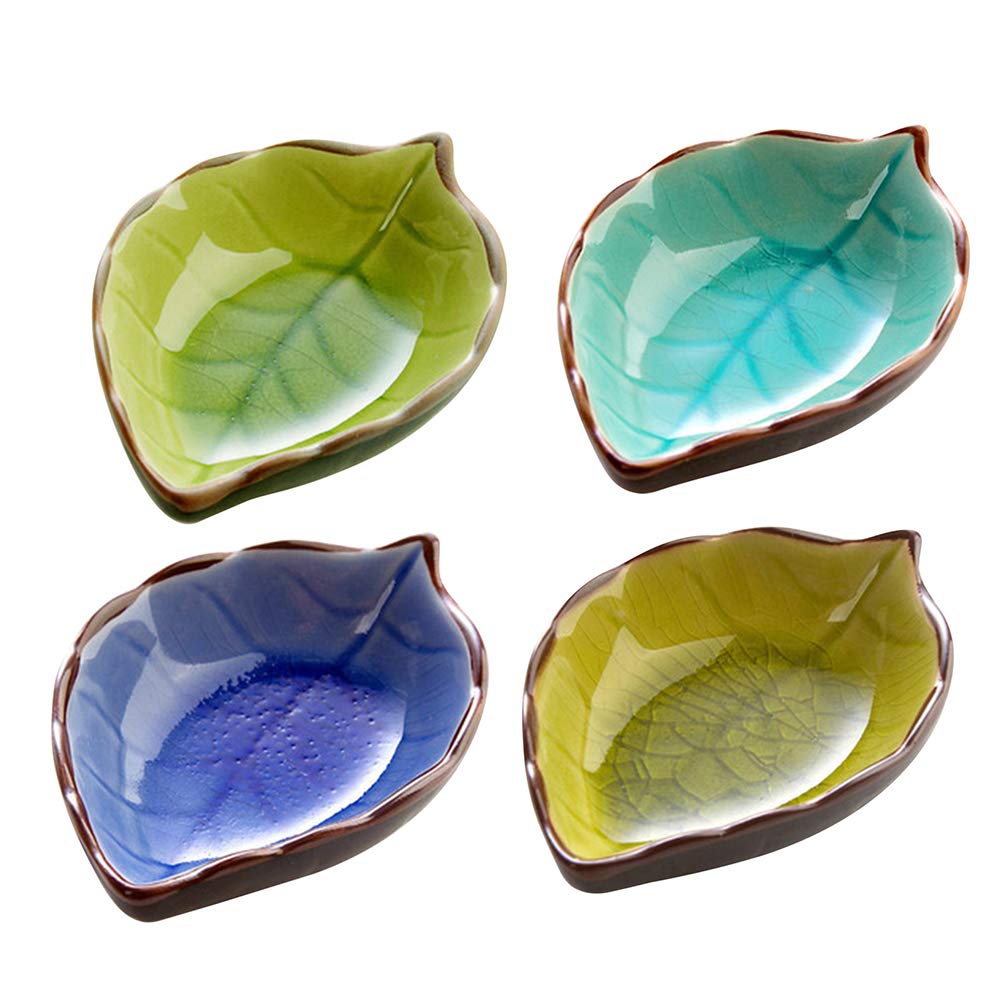 Cabilock 4-Piece Leaf-Shaped Ceramic Sauce Dishes - Small Appetizer Plates for Snacks, Fruits, Desserts & Dips | Perfect for Party Serving, Home Dining & Entertaining (Random Pattern)