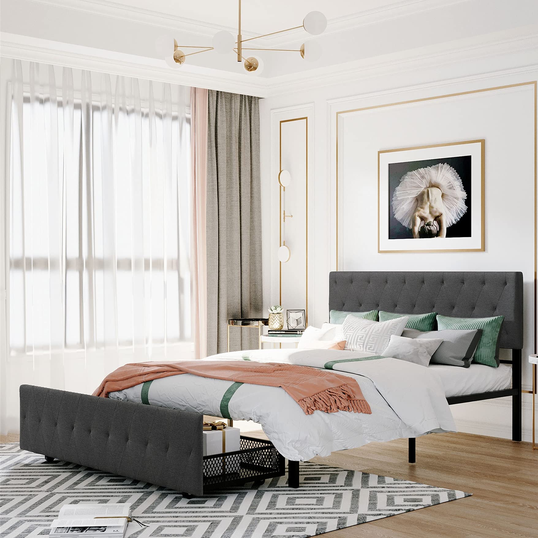 Harper & Bright Designs Queen Bed Frame with Storage Drawers - Metal Platform Bed with Tufted Headboard & Footboard, No Box Spring Needed, Gray - Perfect for Small Bedrooms, Guest Rooms & Modern Apartments