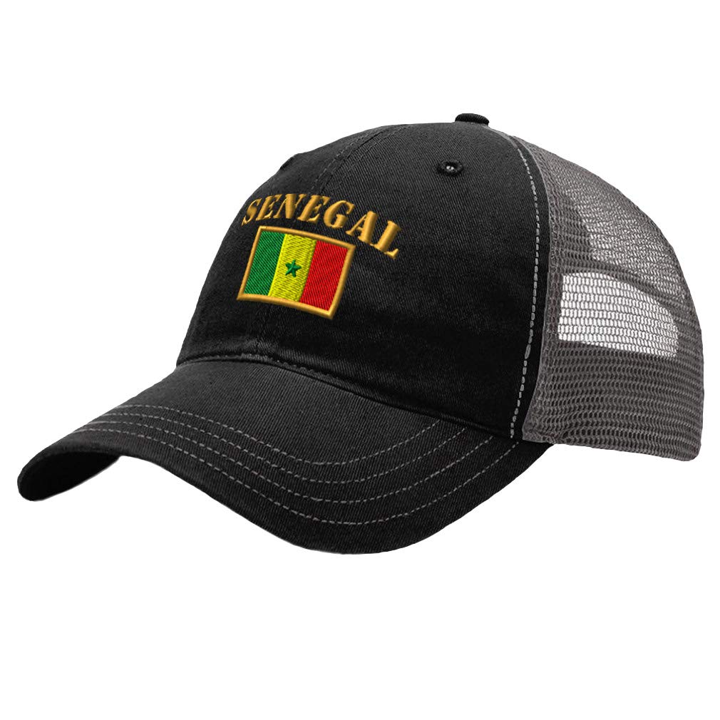 Richardson Trucker Mesh Hat with Senegal Flag Embroidery - Breathable Cotton Dad Cap for Men & Women - Adjustable Snapback in Black & Charcoal - Perfect for Outdoor Activities, Sports & Casual Wear