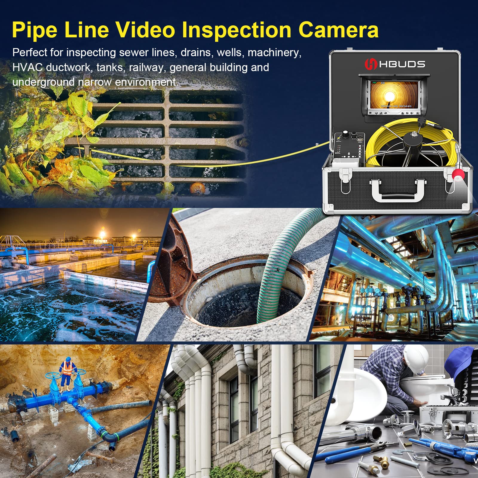 **7 Inch LCD Pipe Inspection Camera with 1000TVL HD Resolution - Waterproof IP68 Snake Video System for Drain, Sewer & Industrial Pipeline - Ideal for Plumbing, HVAC & Maintenance Professionals**
