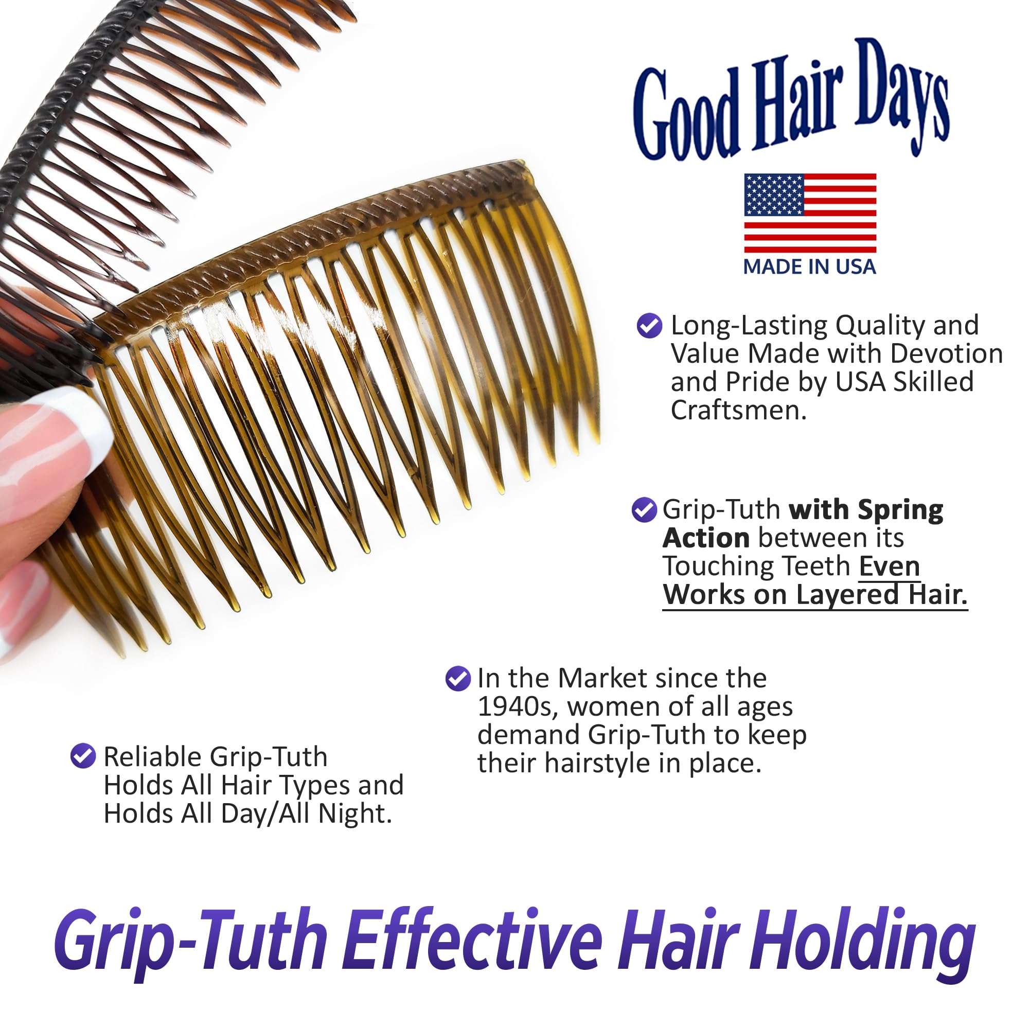 Good Hair Days 2.75 Inch Grip-Tuth Comb - Black - 2 Pack for Styling, Detangling & Travel - Perfect for Salons, Home Use & On-the-Go