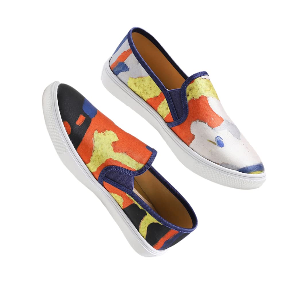 FEVERSOLE Women's Slip-On Loafers - Asymmetric Painted Canvas Sneakers for Casual Wear & Travel | Comfortable Walking Shoes for Women, Fashionable Art Design for Everyday Outfits