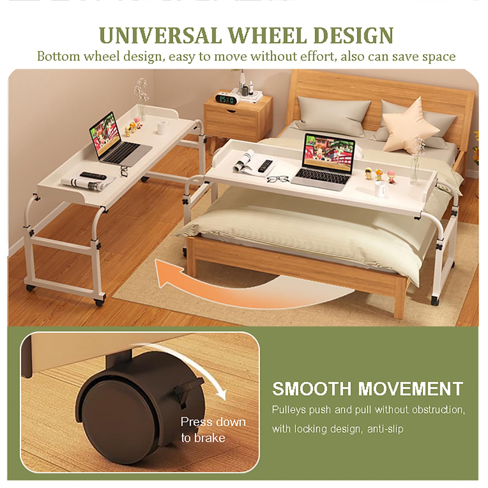 Adjustable Height Overbed Table with Wheels - Rolling Desk for Bed, King Size Wooden Bedside Laptop Table - Mobile Computer Workstation for Full, Queen & King Beds - Perfect for Home Office, Hospital Use, and Bedside Dining