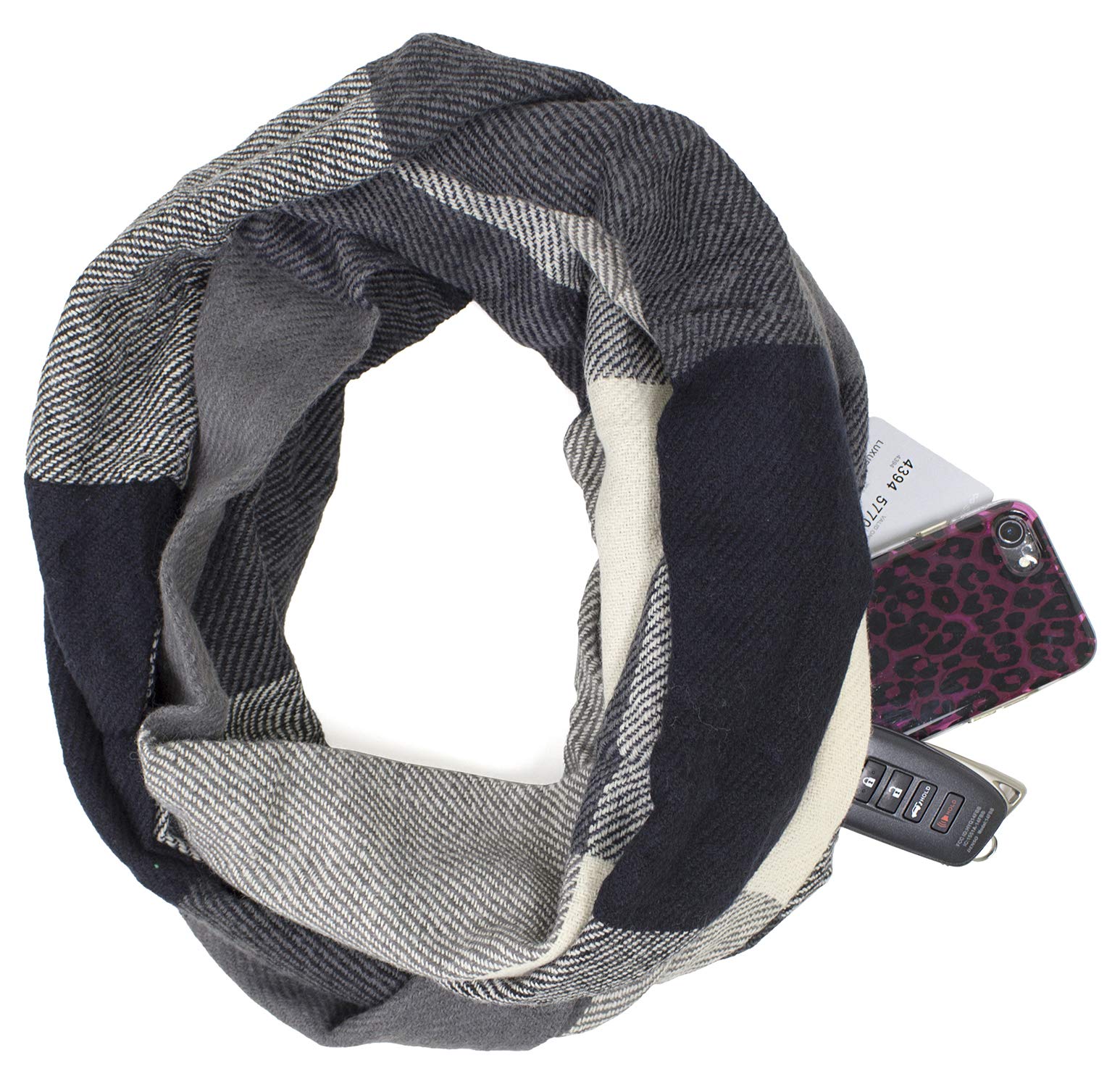 Stylish Winter Plaid Infinity Scarf with Hidden Zipper Pocket - Warm Fashion Travel Scarf for Women & Men | Perfect for Cold Weather, Outdoor Activities & Holiday Gifts