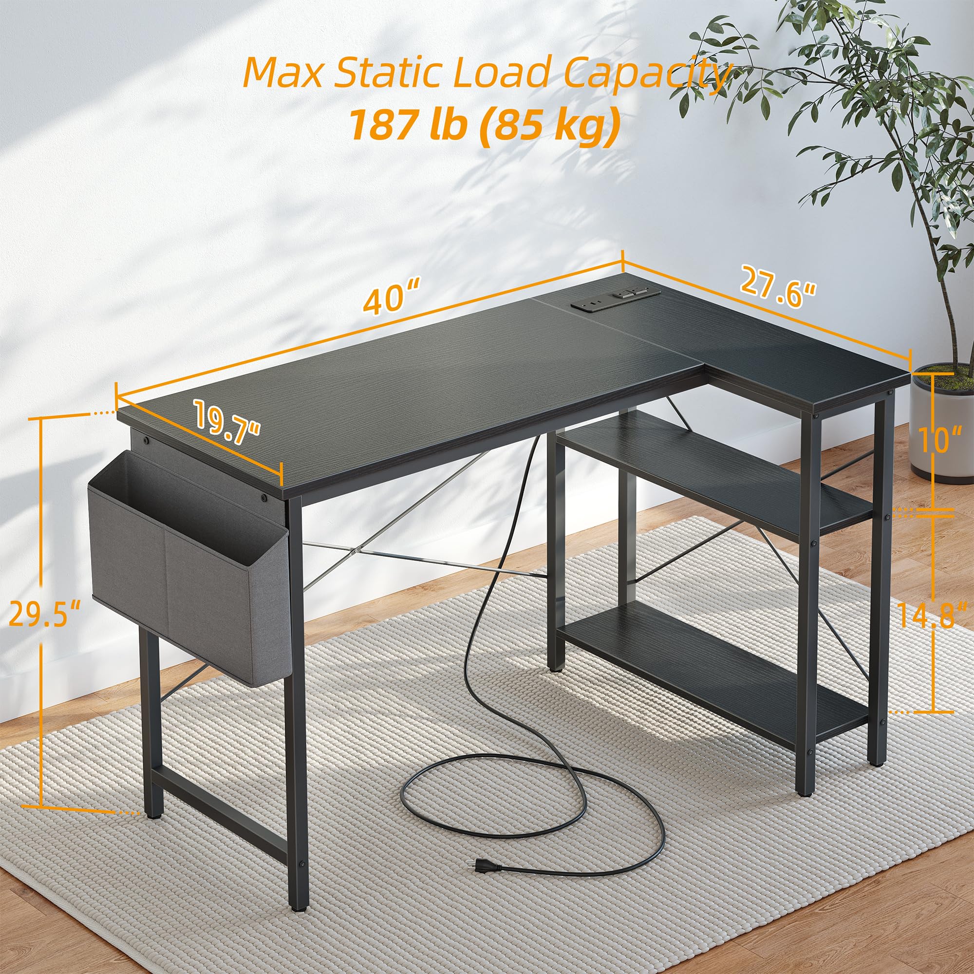 TIQLAB 40 Inch L-Shaped Computer Desk with Power Outlets & Reversible Shelves - Compact Corner Gaming Desk, Home Office Workstation, Study Writing Table for Bedroom & Living Room (Black) - Perfect for Small Spaces & Multi-Functional Workspaces