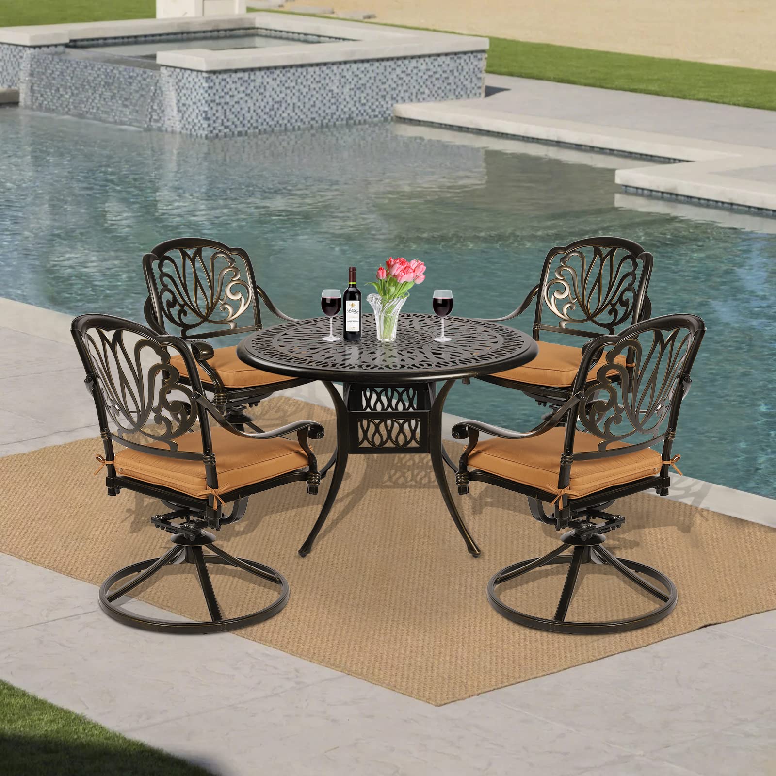 VIVIJASON 5-Piece Outdoor Patio Dining Set - All-Weather Cast Aluminum Conversation Set for Balcony, Lawn & Garden - Includes 4 Swivel Chairs & 35.4