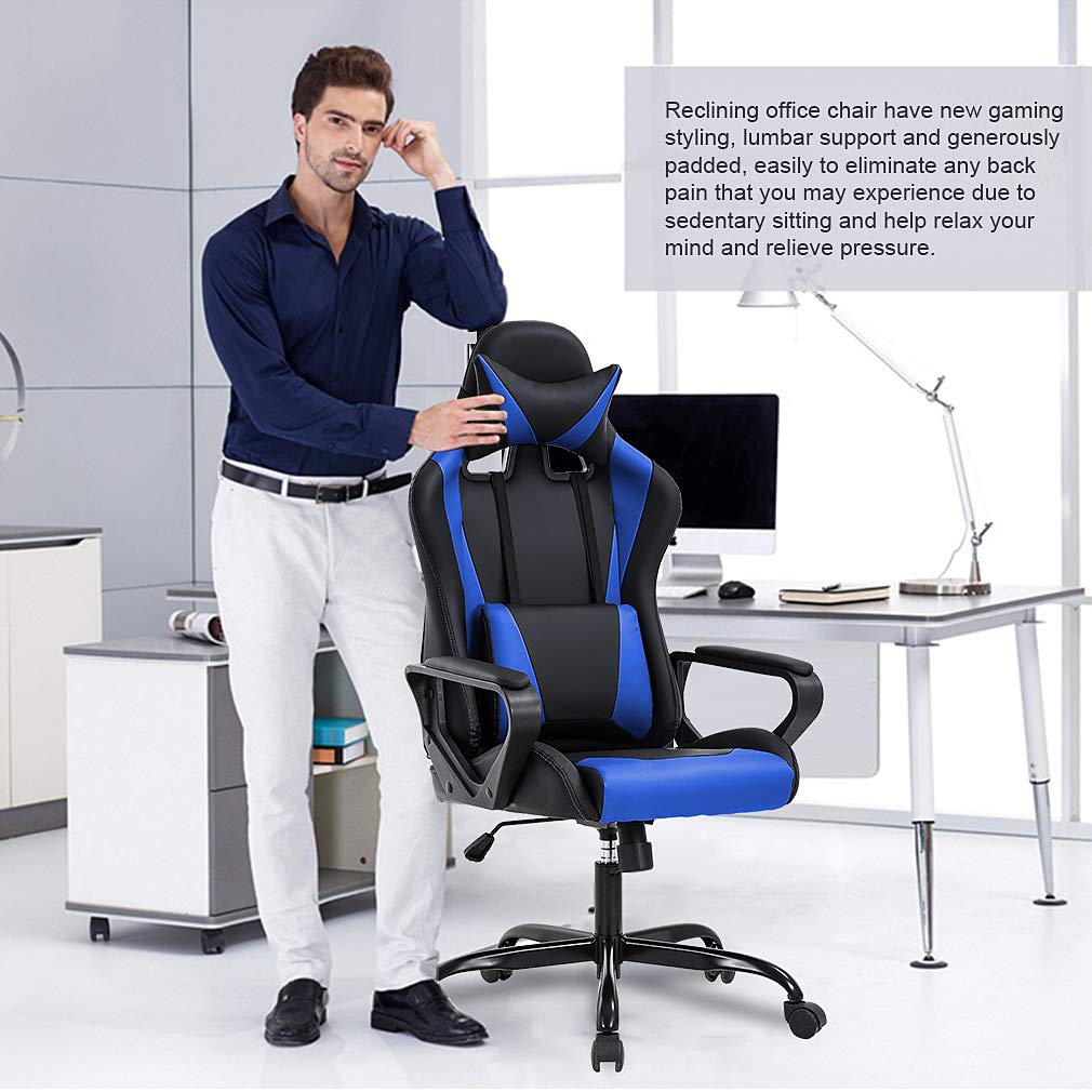 Best Ergonomic High-Back Gaming Chair - PU Leather Office Computer Desk Chair with Lumbar Support & Swivel Base - Comfortable Racing Style Task Chair for Back Pain Relief (Blue) - Perfect for Home Office, Gaming Setup & Workstation