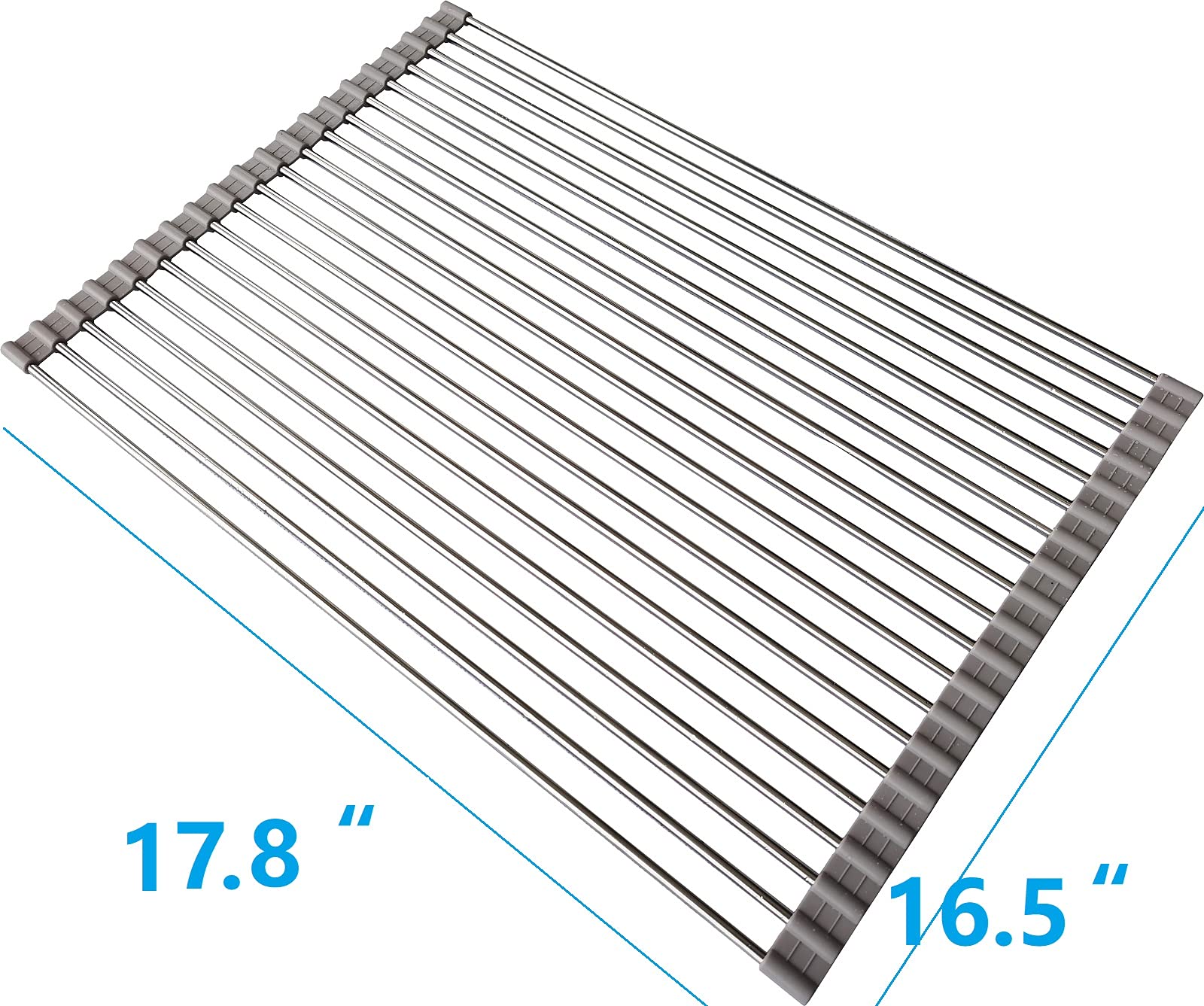 Stainless Steel Roll Up Dish Drying Rack - Over The Sink Space Saving Kitchen Organizer - Foldable & Portable Countertop Mat (17.7