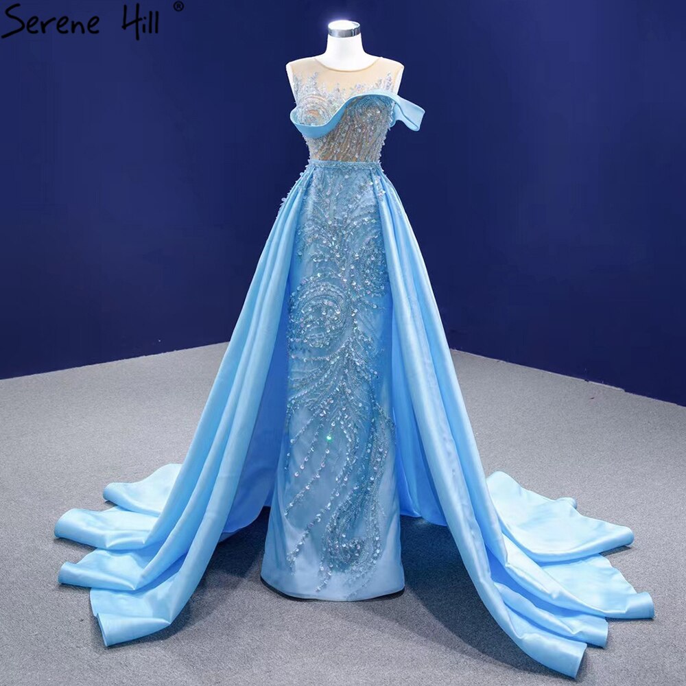 Elegant Blue Mermaid Evening Gown with Beaded Detail - Luxury Satin Formal Dress for Women - Perfect for Prom, Wedding, and Black Tie Events - Serene Hill HM67366
