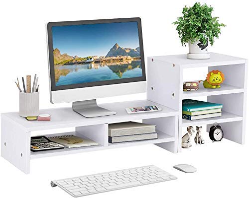 GOTOTOP White Wooden Laptop Monitor Riser Stand with 3-Layer Storage Shelf - Ergonomic Desktop Organizer for Home Office, Gaming Setup, and Workspace Efficiency