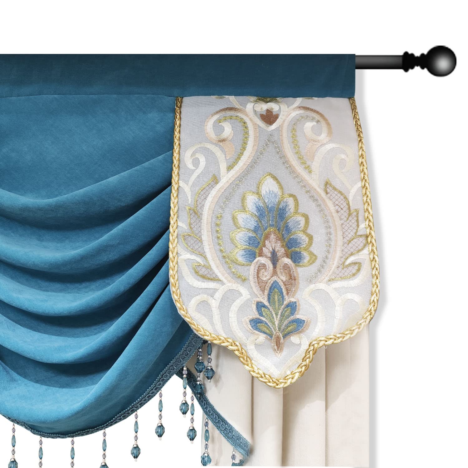 European Style Swag Waterfall Chenille Window Valance - Luxury Beige Kitchen & Bedroom Curtain with Custom Beads & Rod Pocket (1 Panel, 78 Inch) - Perfect for Living Room, Dining Room & Home Decor