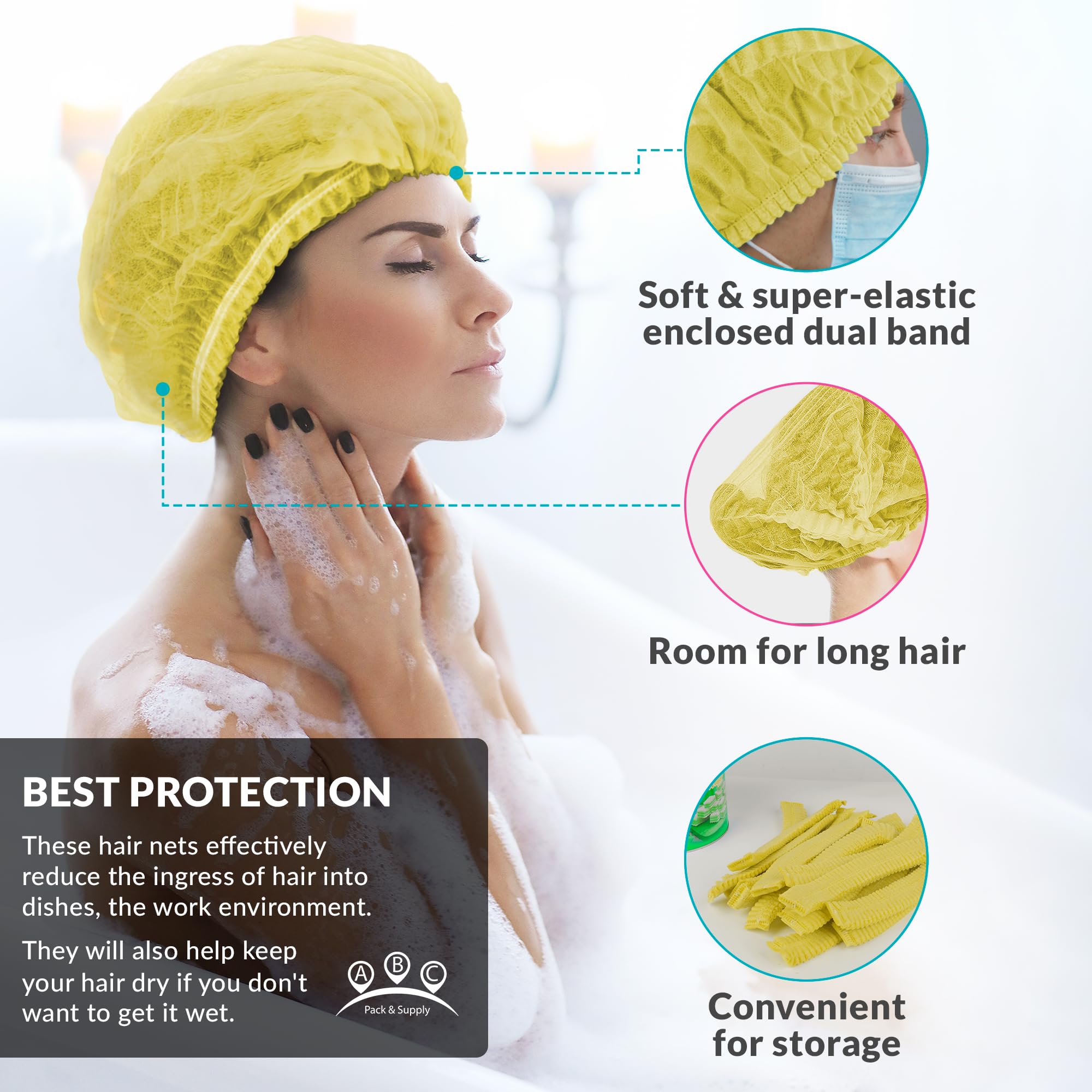 1000 Pack Disposable Bouffant Caps 21 Inch - Yellow Polypropylene Hair Nets for Medical, Food Service, Beauty & Tattoo Salons - Ideal for Healthcare Workers, Chefs & Salon Professionals