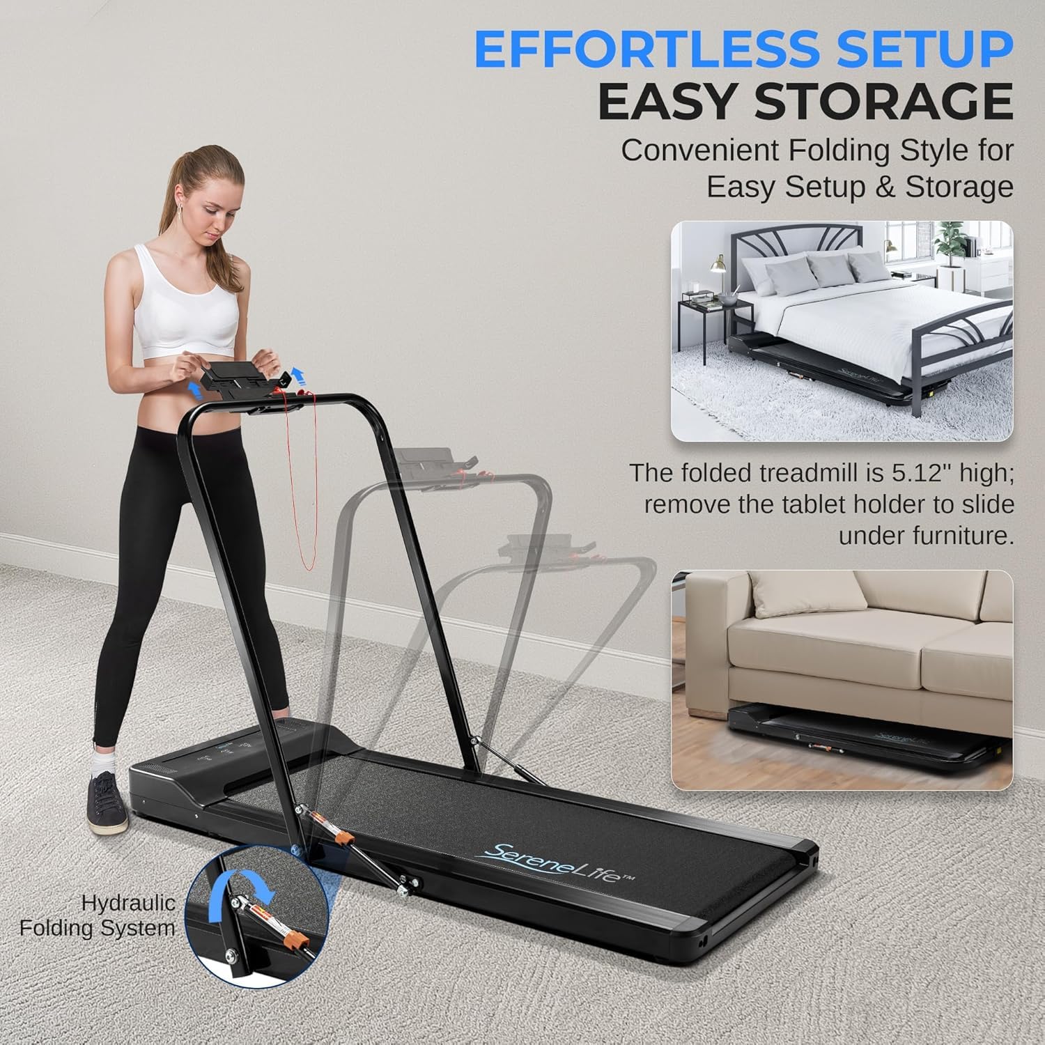 SereneLife Foldable 2-in-1 Treadmill & Walking Pad with Remote Control - Compact Under Bed/Desk Treadmill, 1.5HP Motor, 0.6-7.5MPH Speed, App Support - Easy Assembly & Storage for Home Gym, Office Workout, Walking & Jogging - Supports 265lbs Weight Capacity